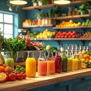 A small food business counter stocked with bottled juices and fresh produce
