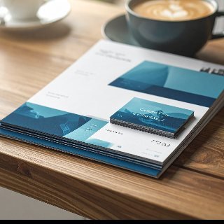 Printed brand flyers and business cards stacked on a wooden counter beside coffee