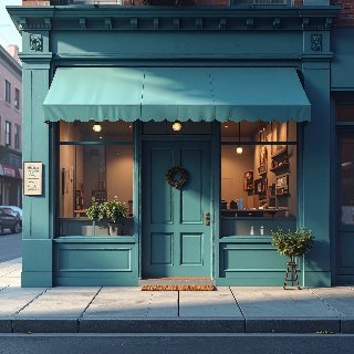 A small teal storefront with an awning, ready to open for business